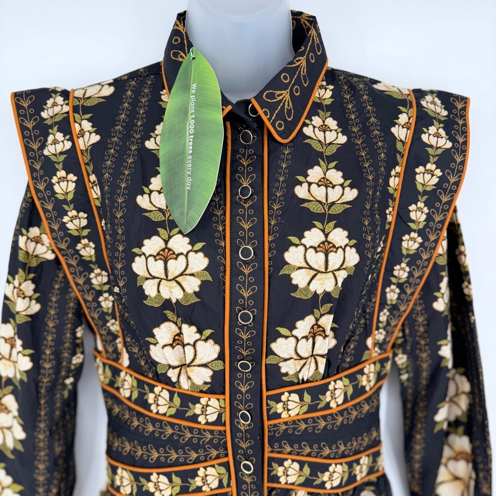 Farm Rio Black Embroidered Flowers Topstitching Long Sleeve Mini Dress Boho NEW - Picture 5 of 13